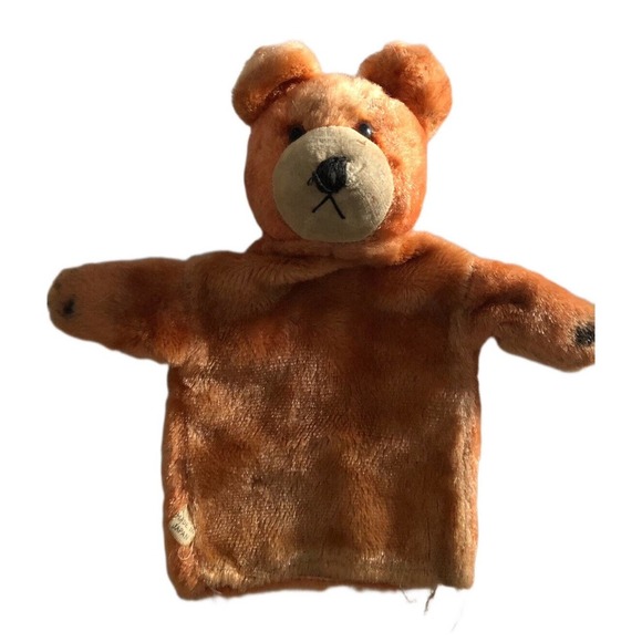 Vntg TEDDY BEAR Hand Puppet JAPAN Tag Orange Brown Mohair Fur Straw Stuffed MCM - Picture 1 of 7